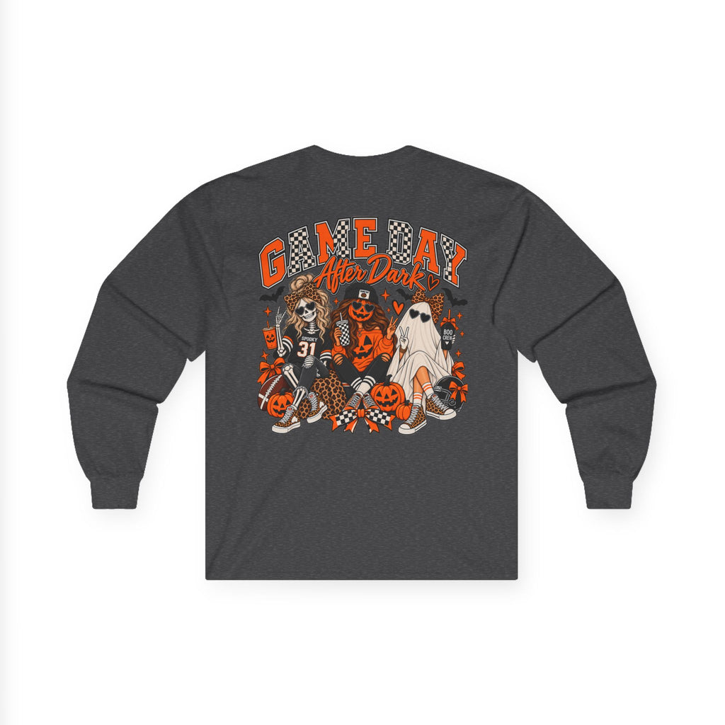 Halloween Game Day Long Sleeve Tee — Retro Haunted Tailgate Design