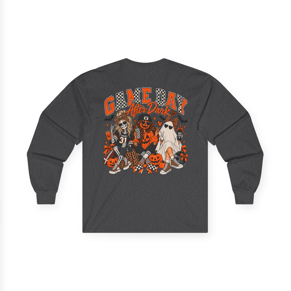 Halloween Game Day Long Sleeve Tee — Retro Haunted Tailgate Design