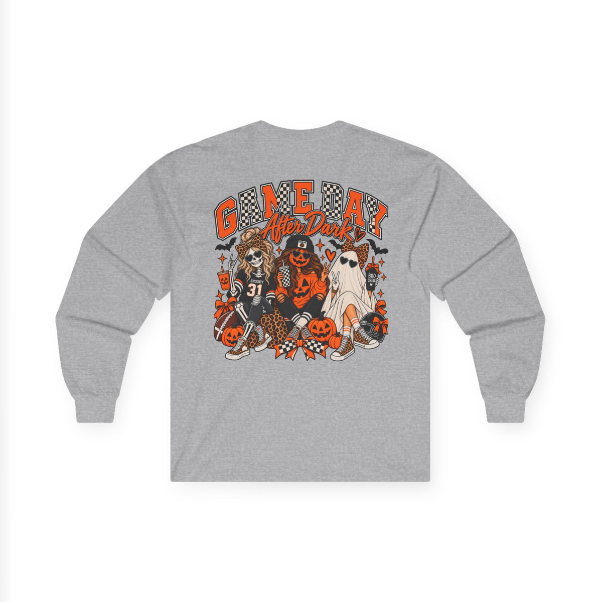Halloween Game Day Long Sleeve Tee — Retro Haunted Tailgate Design