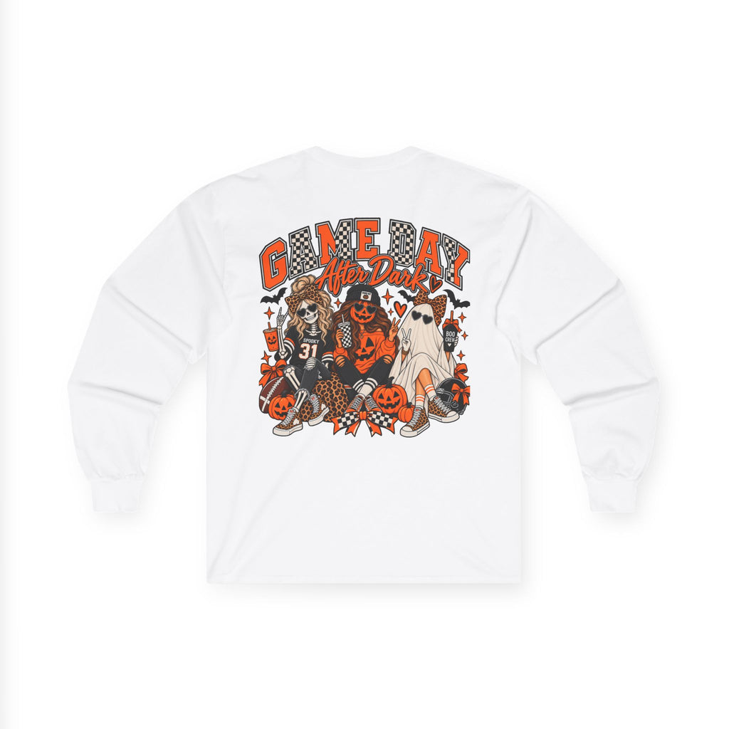 Halloween Game Day Long Sleeve Tee — Retro Haunted Tailgate Design