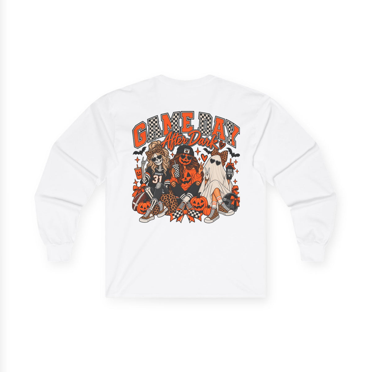 Halloween Game Day Long Sleeve Tee — Retro Haunted Tailgate Design