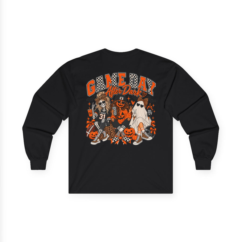 Halloween Game Day Long Sleeve Tee — Retro Haunted Tailgate Design