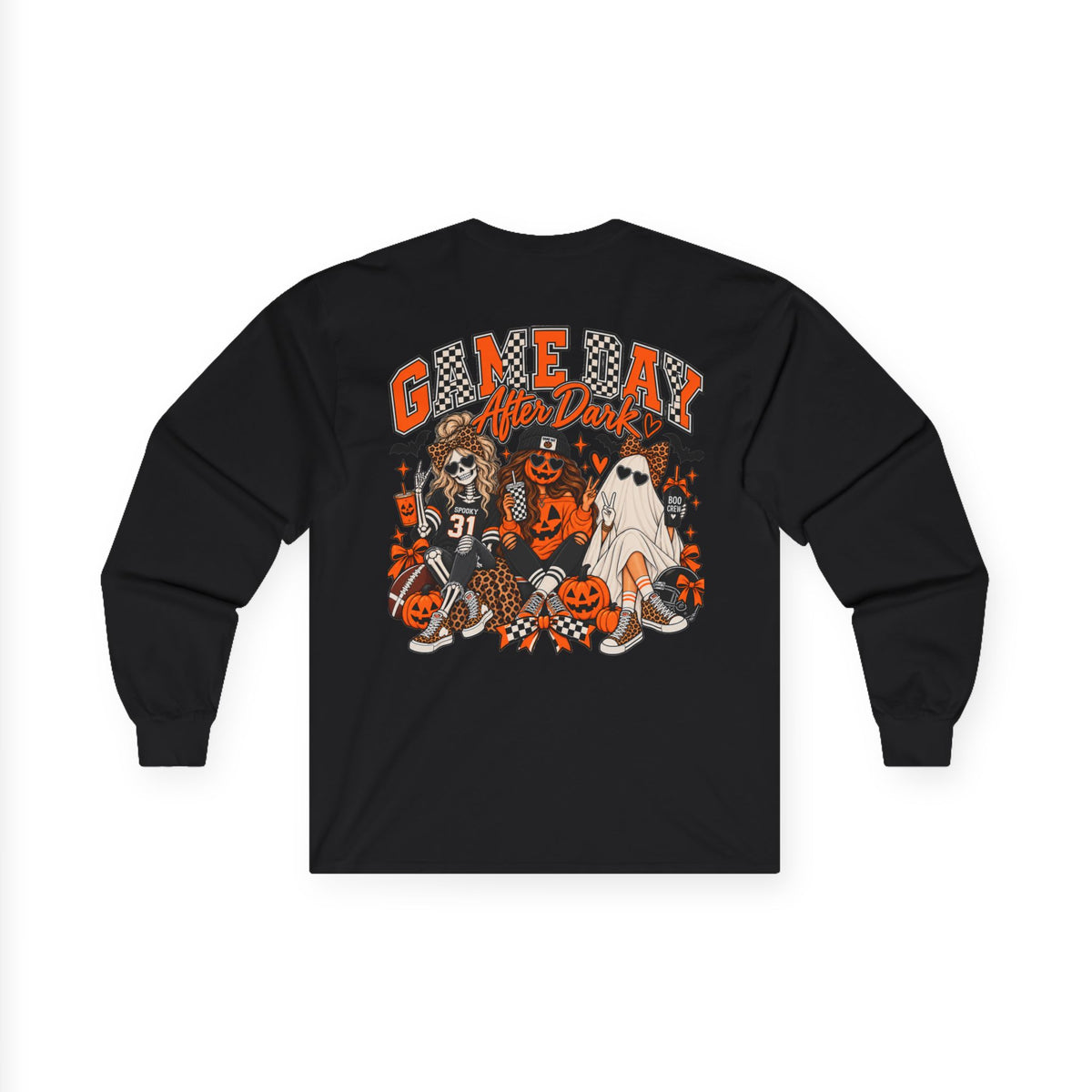 Halloween Game Day Long Sleeve Tee — Retro Haunted Tailgate Design