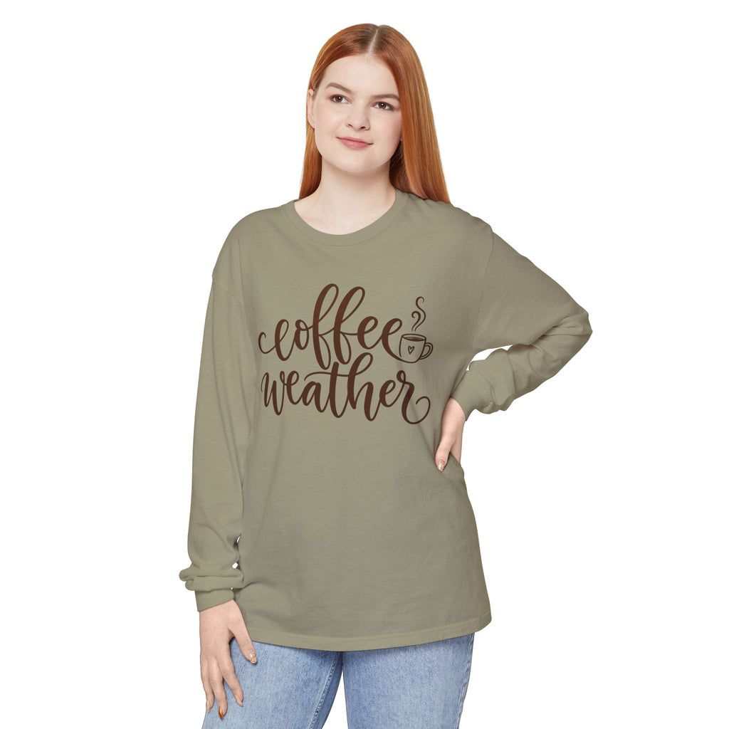 Coffee Weather Long Sleeve Tee — Cozy Script Coffee Shirt
