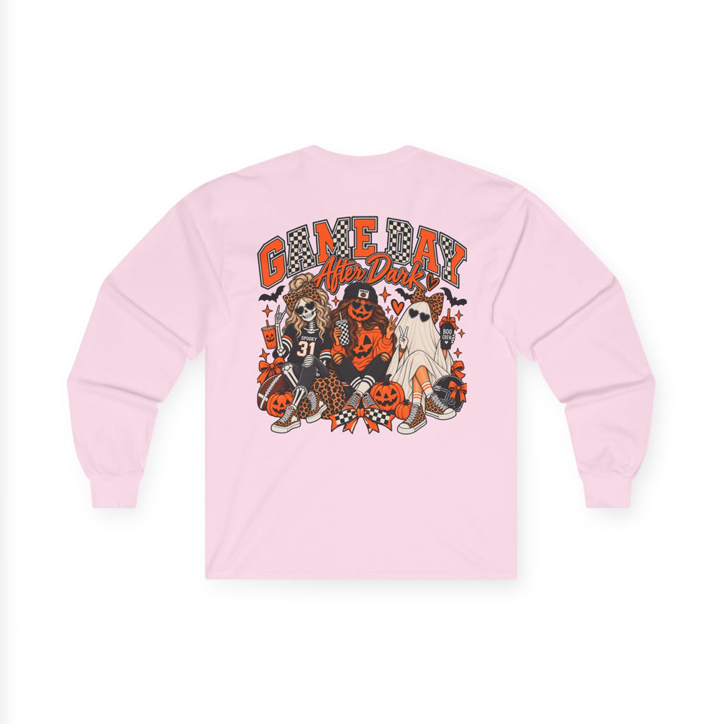 Halloween Game Day Long Sleeve Tee — Retro Haunted Tailgate Design