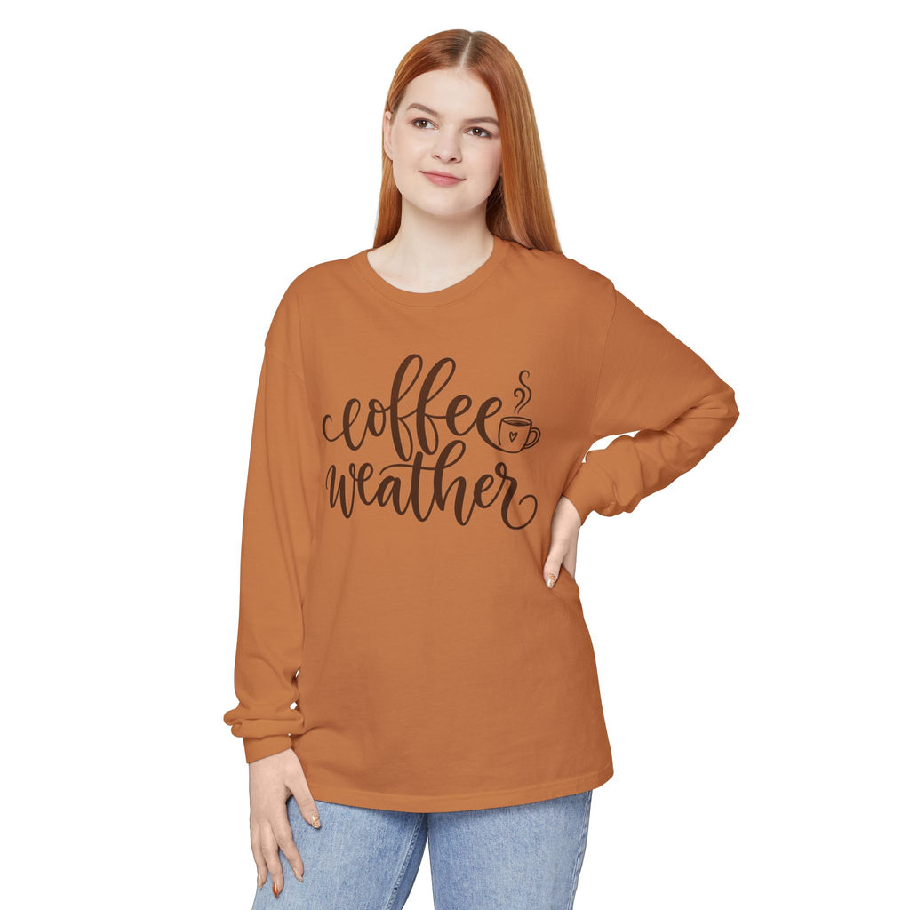 Coffee Weather Long Sleeve Tee — Cozy Script Coffee Shirt