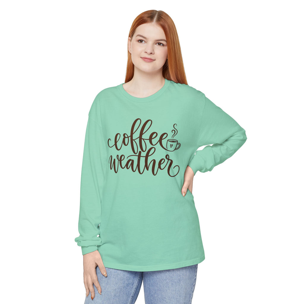 Coffee Weather Long Sleeve Tee — Cozy Script Coffee Shirt