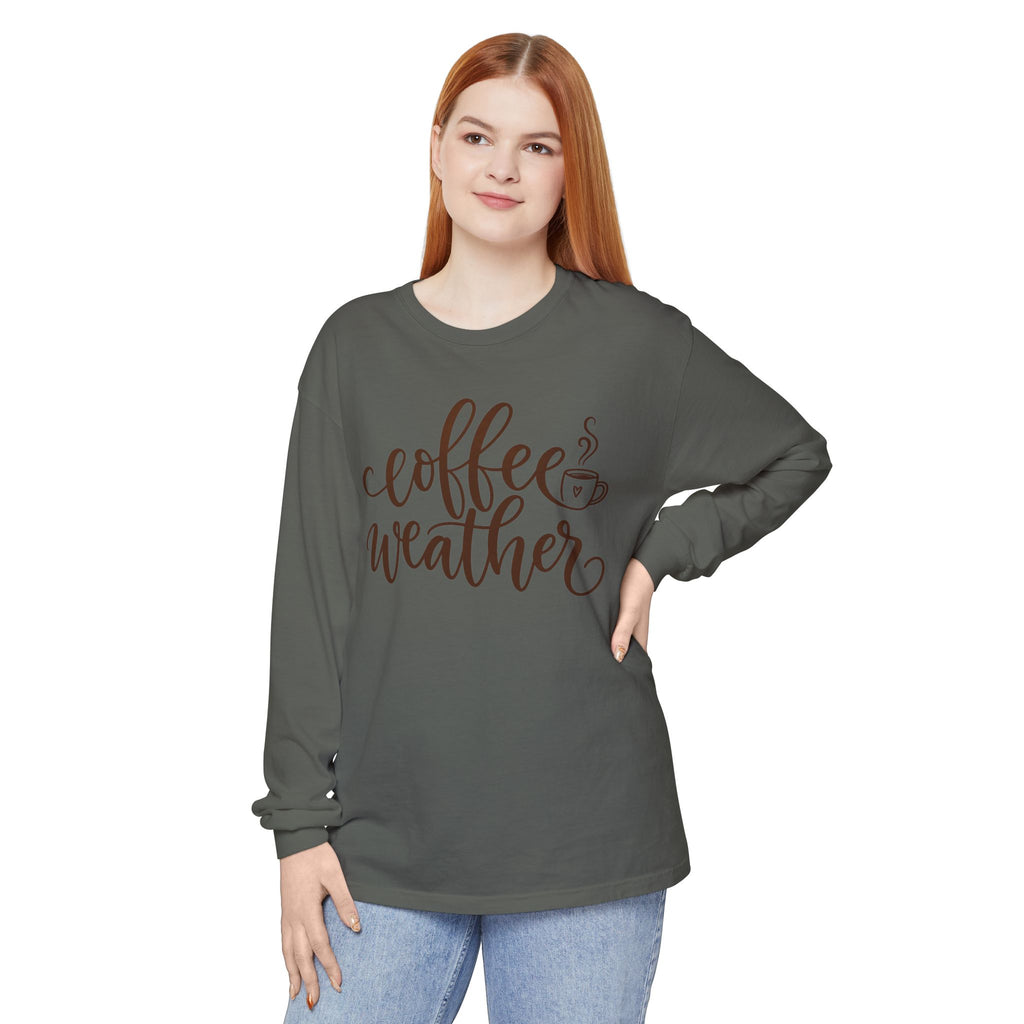 Coffee Weather Long Sleeve Tee — Cozy Script Coffee Shirt