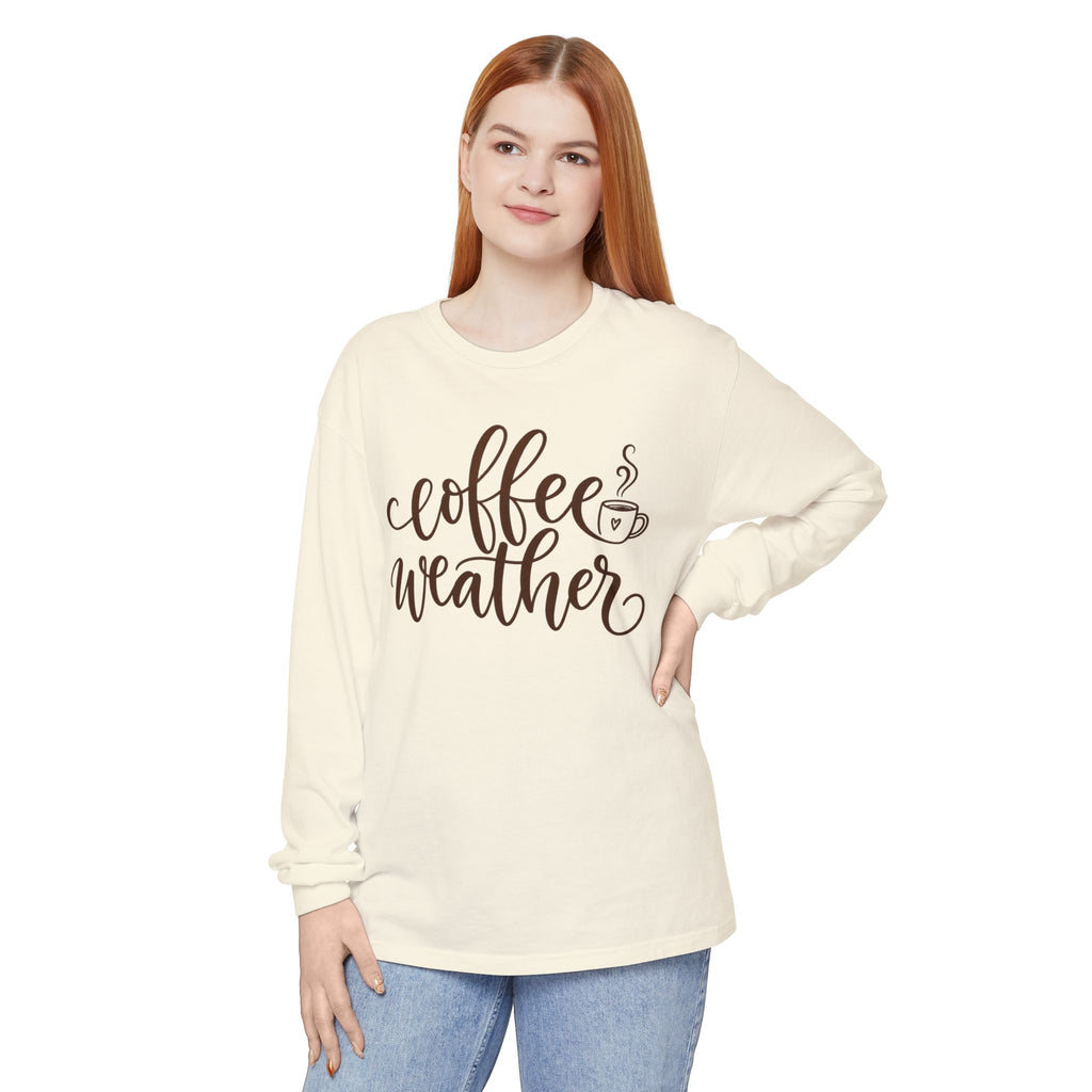 Coffee Weather Long Sleeve Tee — Cozy Script Coffee Shirt