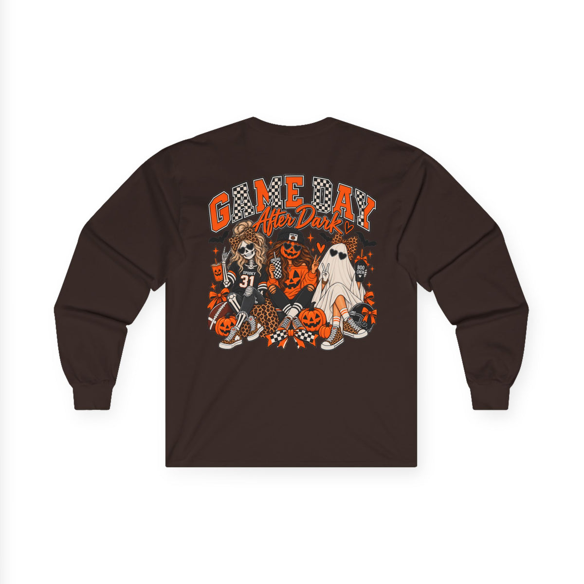 Halloween Game Day Long Sleeve Tee — Retro Haunted Tailgate Design